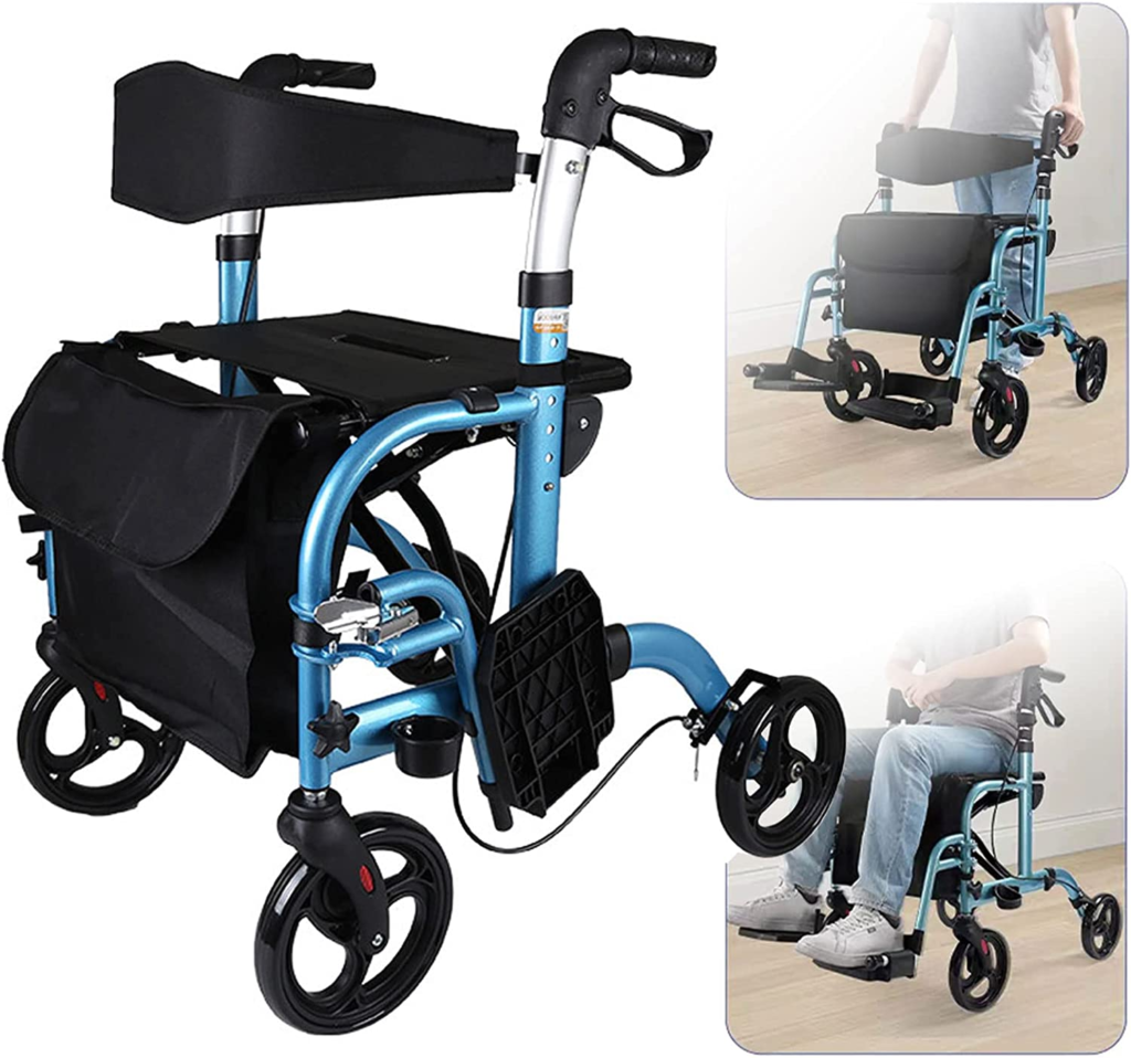 2-in-1 Rollator and Wheelchair, Rolling Walker with Seat, Fold-N-Go, Portable Folding Walker with Detachable Footrests, Wheelchair Walker for Adults, Seniors, and Special Needs (Color: Blue) 